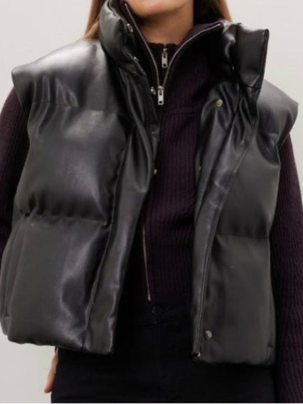 Peter Som Black Quilted Leather-Look Puffer Vest